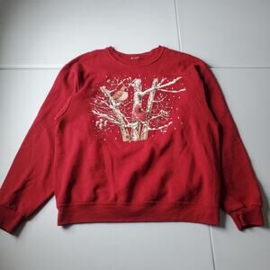 Cardinal Christmas Sweatshirt Womens XL Red Winter Bird Graphic Fleece Crewneck